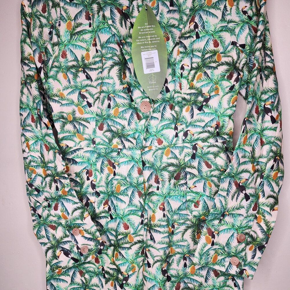 Farm Rio Tropical Toucans 100% Linen Blazer Jumpsuit Small Coastal Vacation NEW - Picture 8 of 16